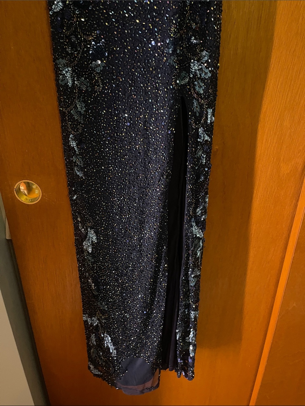 Elegant Navy Sequin Slip Dress with Floral beaded Accents - Picture 4 of 9